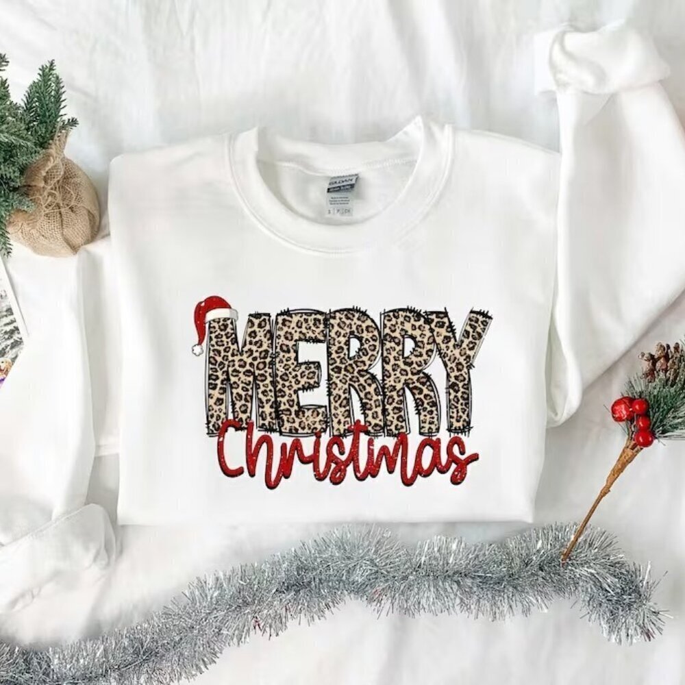 Christmas Sweatshirt Merry Christmas Leopard Printed Christmas Sweatshirt .
